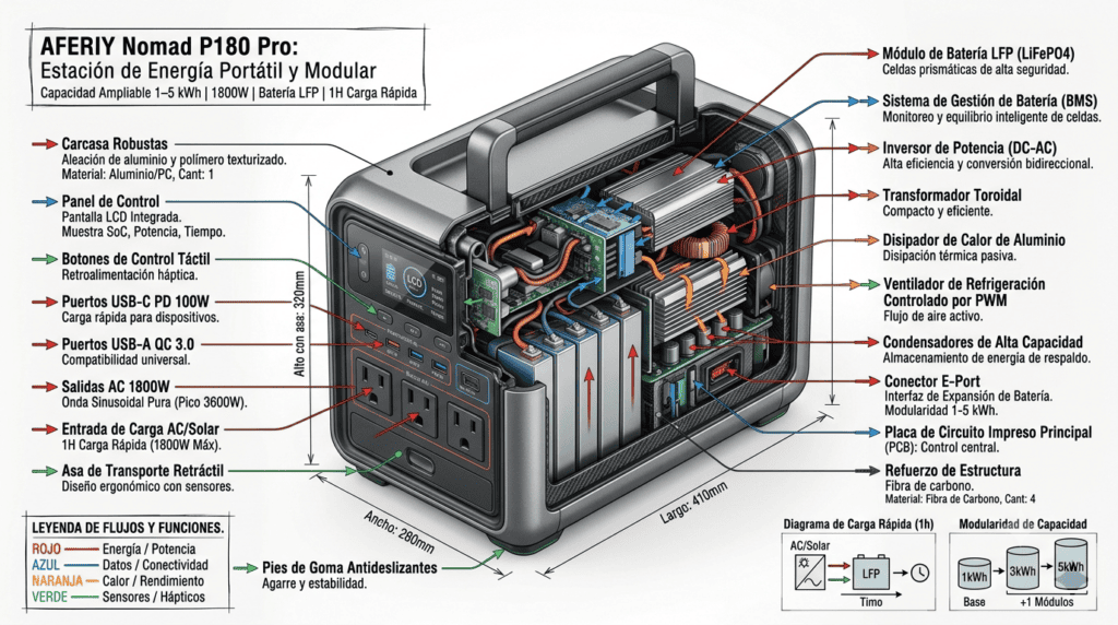 AFERIY Nomad P180 Pro Estación de Energía Portátil Capacidad Ampliable de 1a 5 kWh,1800W Batería LFP, 1H Carga Rápida