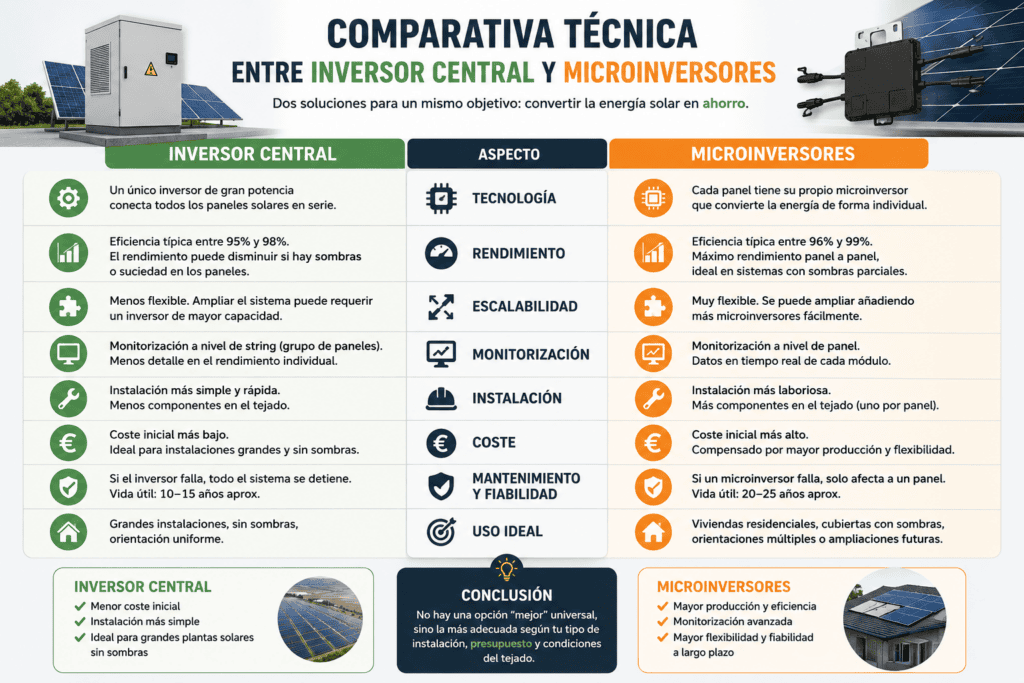 Comparativa técnica entre inversor central y microinversores