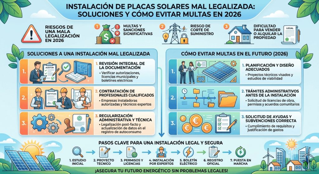 Instalación de placas solares mal legalizada: soluciones y cómo evitar multas en 2026