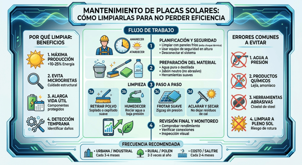 Mantenimiento de placas solares Cómo limpiarlas para no perder eficiencia