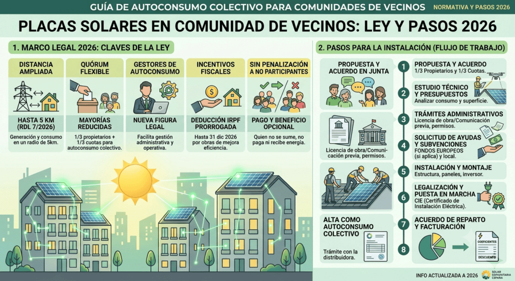 Placas solares en comunidad de vecinos: Ley y pasos 2026