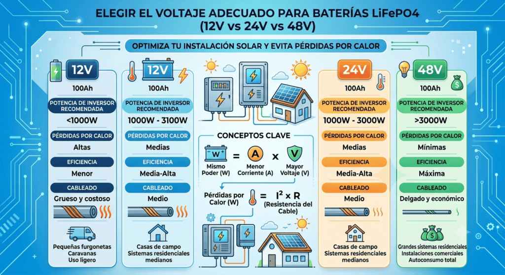 Baterías LiFePO4 de 12V vs 24V vs 48V