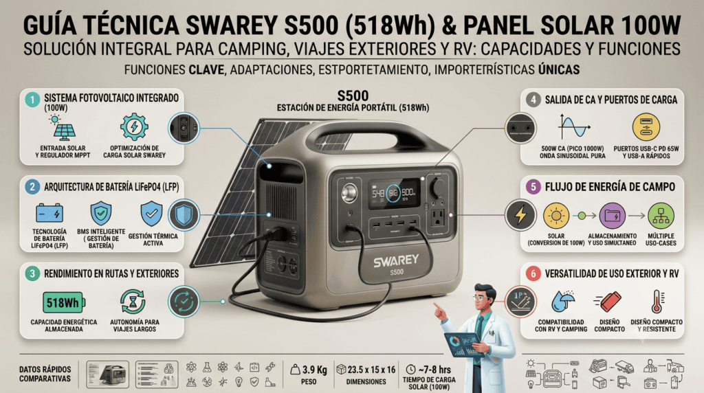 estación de energía portátil S500 (518Wh) con panel solar de 100W