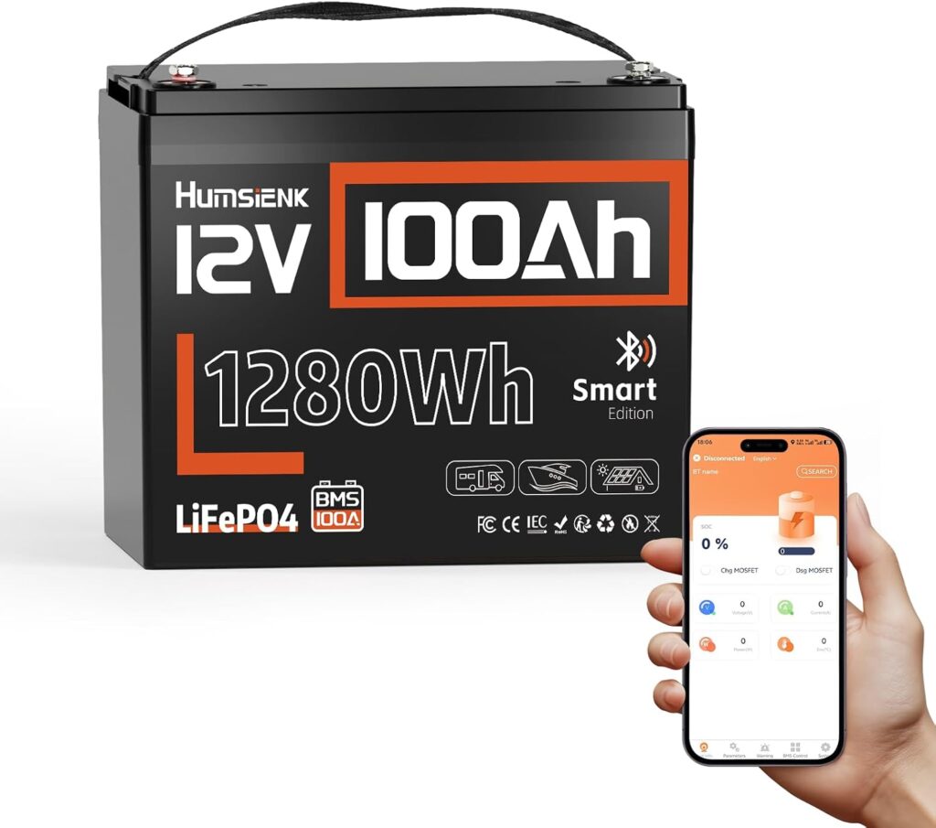 Batería solar Humsienk LiFePO4 12V 100Ah con Bluetooth para caravana y camper