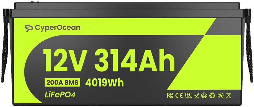 Batería LiFePO4 12V 314Ah de CyperOcean,Batería Solar de Ciclo Profundo