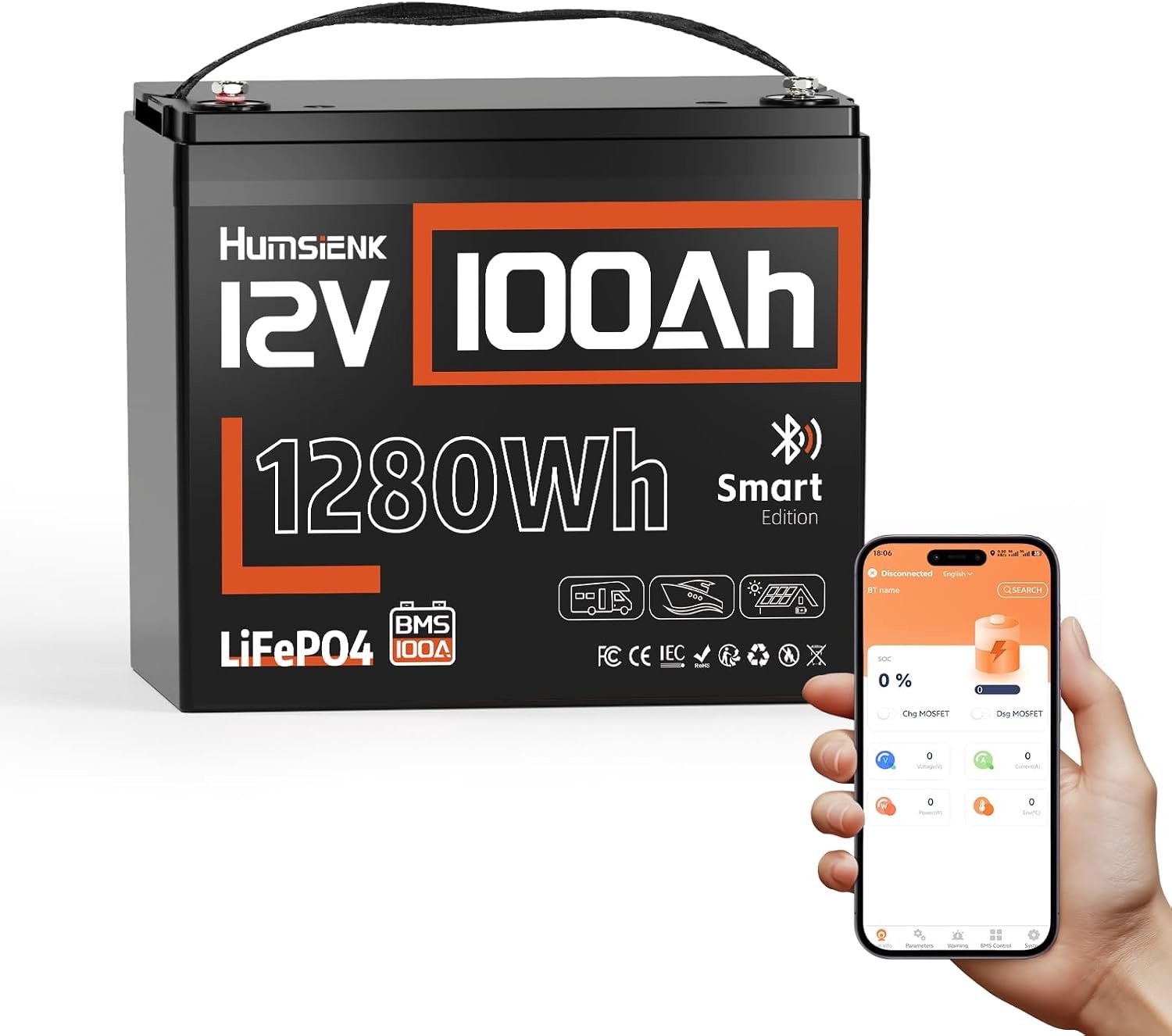 Batería solar Humsienk LiFePO4 12V 100Ah con Bluetooth para caravana y camper
